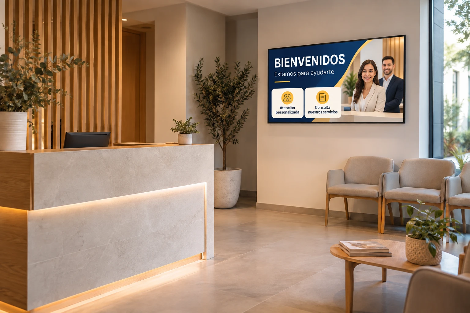 Ejemplo de pantalla en recepción con bienvenida e información sobre servicios
