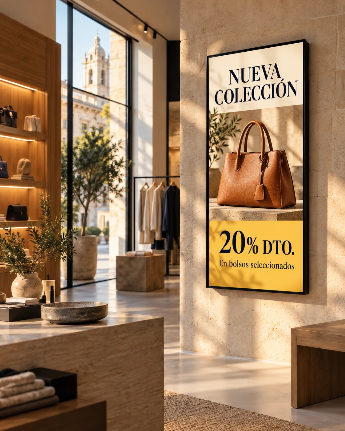 Pantalla vertical en una tienda con una campaña de nueva colección y una oferta de ejemplo del 20% en bolsos